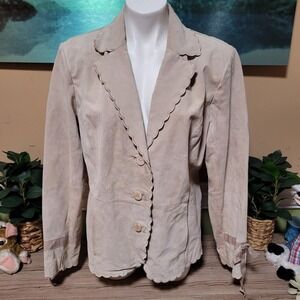 Terry Lewis Classic Luxuries Suede leather Scalloped Jacket Blazer Women M Beige